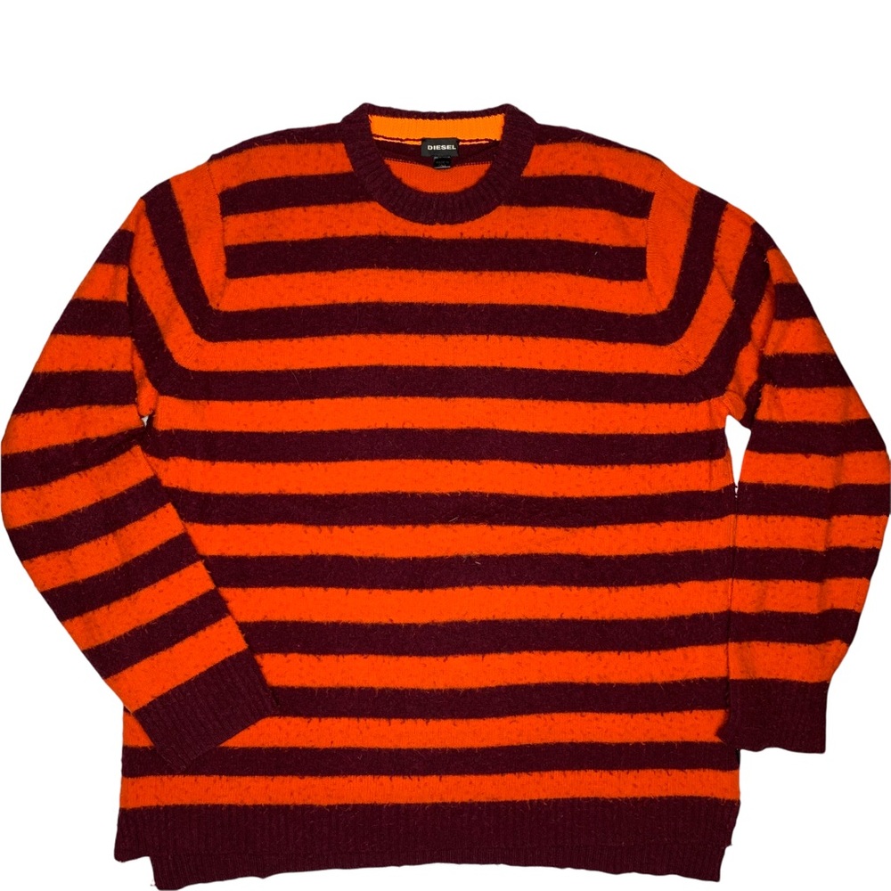 DIESEL-Piling Stripe Wool Sweater Burgundy and Orange -M- Made In Italy